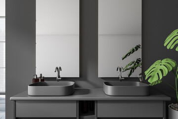 Grey bathroom interior with double sink and mirrors