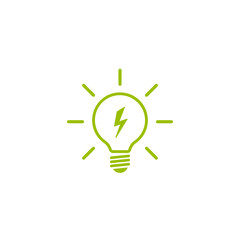 Green bulb with rays and lightning bolt flat icon. Isolated on white. Electric Light icon.