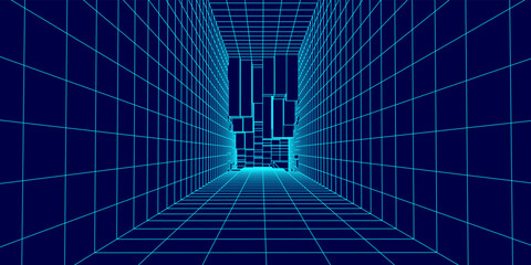 3D futuristic wireframe room on blue background. Abstract perspective grid. Vector illustration.
