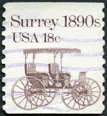 Fototapeta na wymiar USA - 1985: shows Surrey 1890s, series Transportation Coils series, 1985