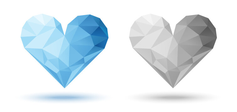 Diamond 3d heart set. Brilliant valentines icons. Symbol of love. Triangular heart logo. Valentine banner design element. Geometric heart emblems. Vector illustration