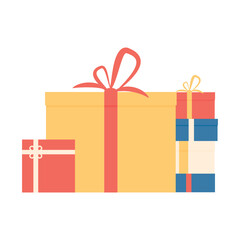 Pile of gift boxes to new year, merry christmas and birthday, flat style