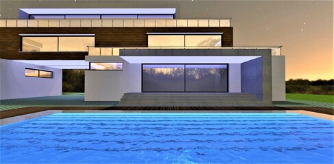 Waves on the surface of the water in the night pool in front of the entrance to an elite stylish cottage under the starry sky in an ecological area. 3d rendering.