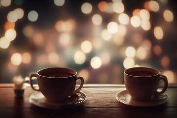 Obraz premium hot drink on empty wooden table and Christmas lights 3d illustration