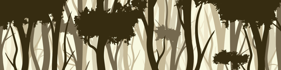 Wild forest with various coniferous or deciduous trees. Wide horizontal banner with various tree trunks silhouettes. Dark misty pine forest landscape, panorama. Vector illustration