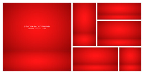 Empty red studio abstract backgrounds with spotlight effect. Product showcase backdrop. Stage lighting. Vector illustration