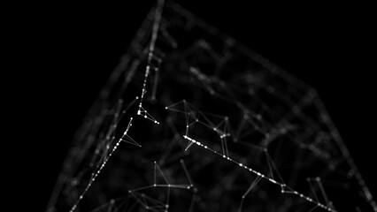Abstract wireframe cube. Digital blockchain concept. Futuristic dark background with dots and lines. 3D rendering.