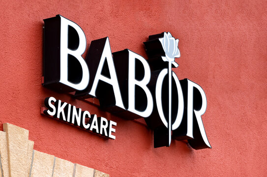 Netherlands, 2022: Babor Skincare logo mark and text sign on a facade