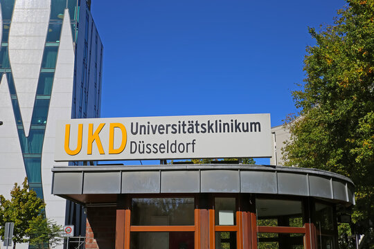 D&uuml;sseldorf (UKD), Germany - Juin 9. 2022: Closeup of sign at entrance of (universit&auml;tsklinikum) german university hospital