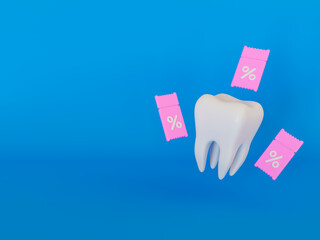 3d realistic healthy tooth with coupons on blue background. Concept of discounts on dental treatment. 3d rendering illustration.