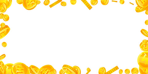 Korean won coins falling. Scattered gold WON coins. Korea money. Jackpot wealth or success concept. Wide vector illustration.