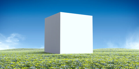 Abstract realistic 3d illustration. Creative modern surreal ambient panoramic background. Beautiful nature landscape with color flower field and white cube or stone box. Minimal fantasy art render.