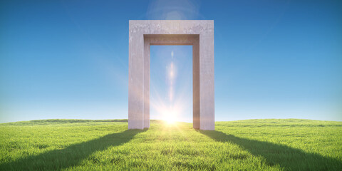 Abstract realistic 3d illustration. Creative modern surreal ambient panoramic background. Beautiful nature landscape with green grass field and stone frame, portal or gate. Minimal fantasy art render.