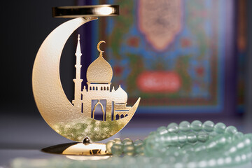 decoration metal crescent mosque prayer beads and holy book koran