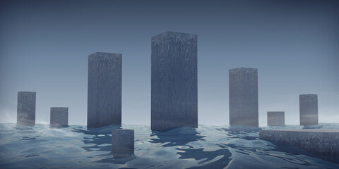 Abstract realistic 3d illustration. Creative modern surreal ambient panoramic background. Beautiful ocean, sea water surface with stone columns, concrete boxes. Minimal fantasy art render.