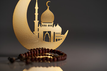 decoration metal crescent mosque and prayer beads against gray background