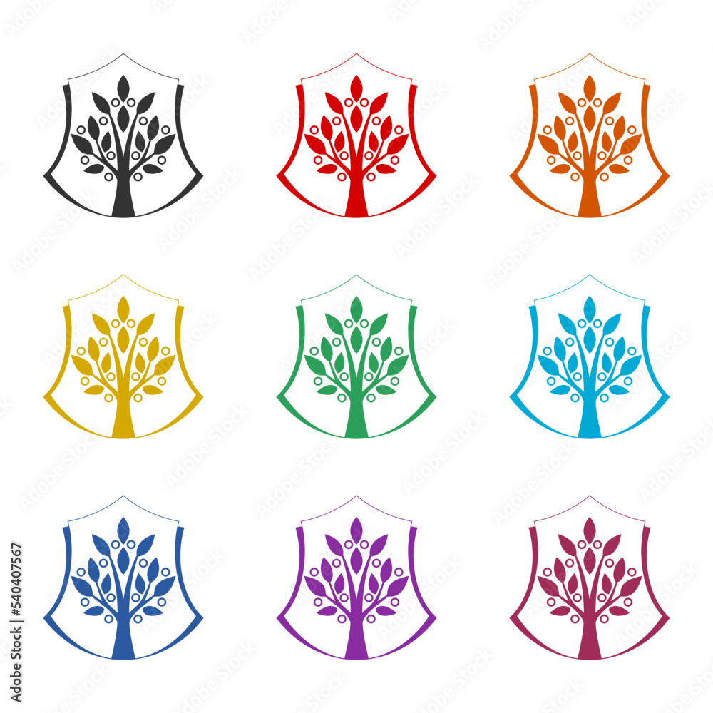 Sticker Tree shield icon isolated on white background. Set icons colorful