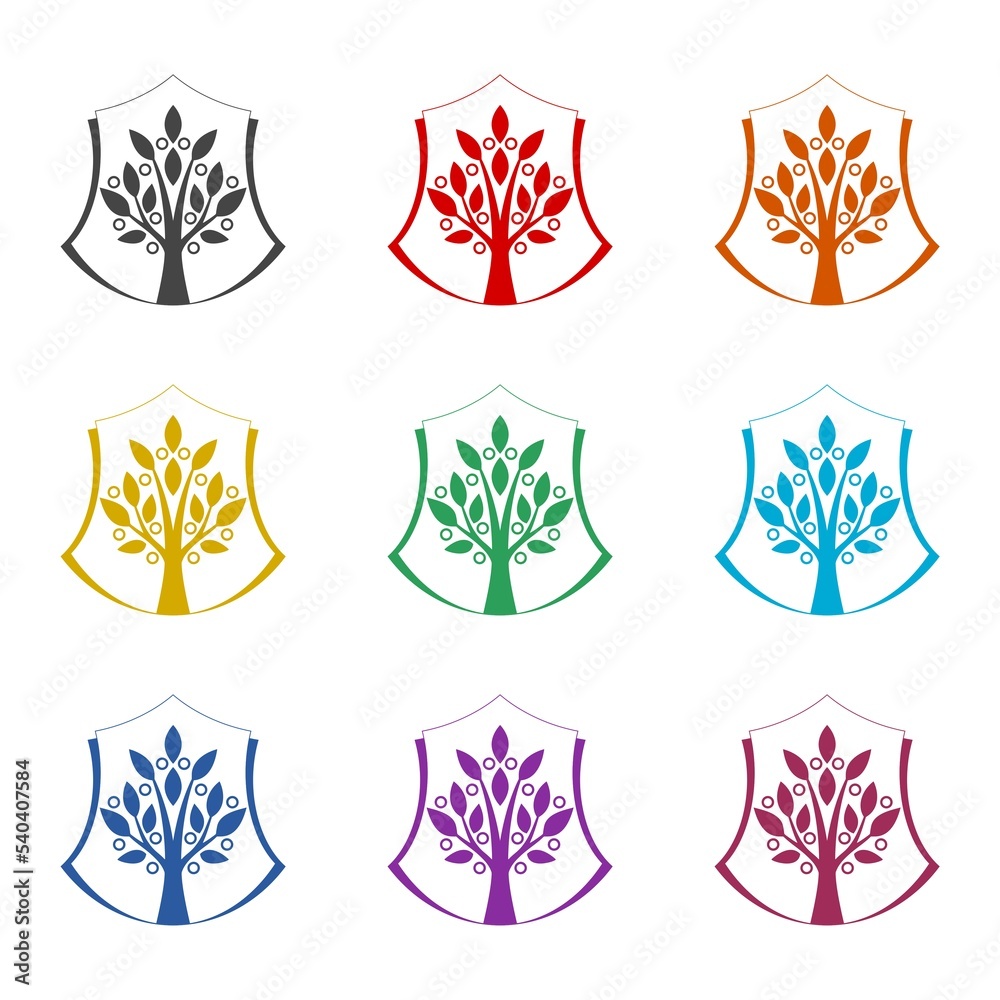 Sticker Tree shield icon isolated on white background. Set icons colorful