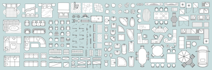 Vector set. Architectural elements and furniture for the floor plan. Top view. Beds, sofas, kitchens, chairs, doors, windows, wardrobes, trainers, tables, baths, toilet bowls. View from above. - obrazy, fototapety, plakaty