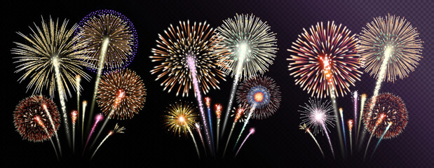 Three groups of realistic fireworks isolated on transparent background. Vector illustration.
 - obrazy, fototapety, plakaty