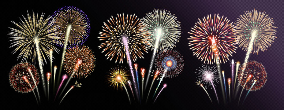 Three groups of realistic fireworks isolated on transparent background. Vector illustration.
