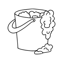 Bucket with detergent. Soapy water. Cleaning agent. Vector graphics on a white background.