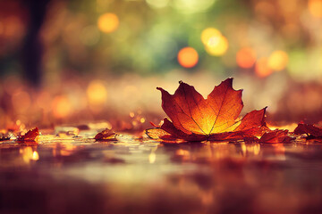 Fall leaf background in the sunshine, close-up of an autumn nature scene in a forest in golden October with copy space