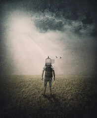 Surreal scene of a person with birdcage instead of head. The cell door opens and the birds escaped...
