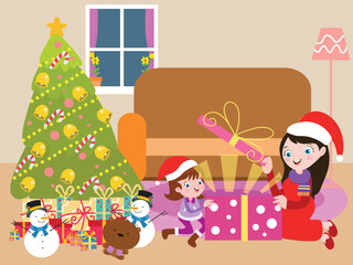 Girl and mother opening a christmas gift in the living room with Christmas tree decoration