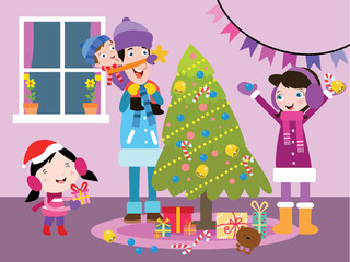 happy family cartoon decorating Christmas tree at home