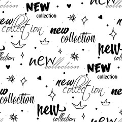 A pattern with inscriptions for stores. A new collection of text in the youth style. Stylish text with sketches. Suitable for printing on paper, textiles. Brand packaging.