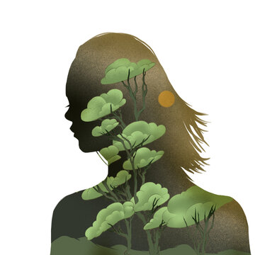 Vintage olive green silhouette of a woman with short hair, leaves, landscape with tree,  zen vibe, digital illustration, transparent background