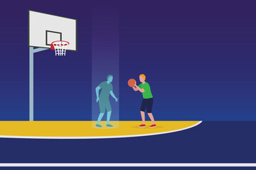 Playing Basketball With Virtual Opponent  2d vector illustration concept for banner, website, illustration, landing page, flyer, etc.