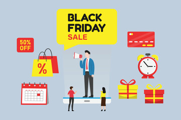 Woman shopping online on Black Friday Sale 2d vector illustration concept for banner, website, illustration, landing page, flyer, etc.