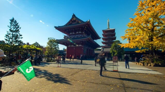 Time Lapse Panning Shot Of People Exploring Traditional Buddhist Temples On Sunny Day - Tokyo, Japan