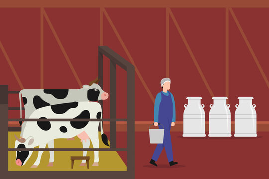Milking of cows in cowshed 2d vector illustration concept for banner, website, illustration, landing page, flyer, etc.