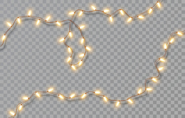 Christmas lights isolated on a transparent background. Christmas electric garland of yellow light bulbs. Glowing lights for Christmas greeting card design, holiday decorations. Vector illustration