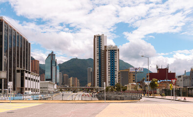 Town center of Bogota, with the Monserrate Moutain in the background, Colombia 