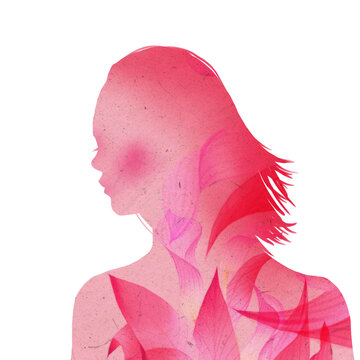 The pink silhouette of a woman with short hair, leaves, flowers, nature, digital illustration, transparent background