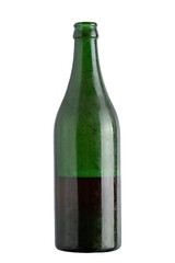Old fashioned drug bottle. Old dirty green color bottle isolated on white background. Wine bottle.
