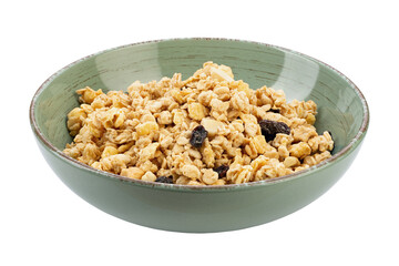 Granola bowl with raisins, nuts. Homemade crunchy granola  isolated on white background. Healthy eating.