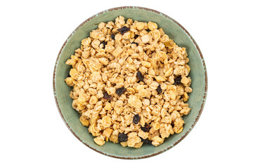Granola bowl with raisins, nuts. Homemade crunchy granola  isolated on white background. Healthy eating.