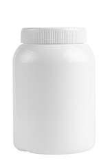 White plastic jar with screw cap isolated on white background. Plastic container for medicine.