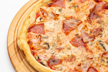 Fresh homemade Italian pizza, fast food cheese, tomato sauce, tomato and other ingredients portion on the table healthy meal snack outdoor.