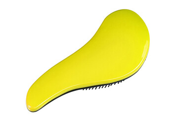 Yellow hair brush isolated on white background. Personal grooming accessory. File contains clipping path.