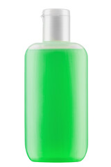 Cosmetic bottle green color isolated on white background.  Antimicrobial liquid gel. Hand hygiene. Shampoo bottle. File contains clipping path.