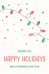 Cord of colourful Christmas lights. Greeting card with ornaments. Vector illustration