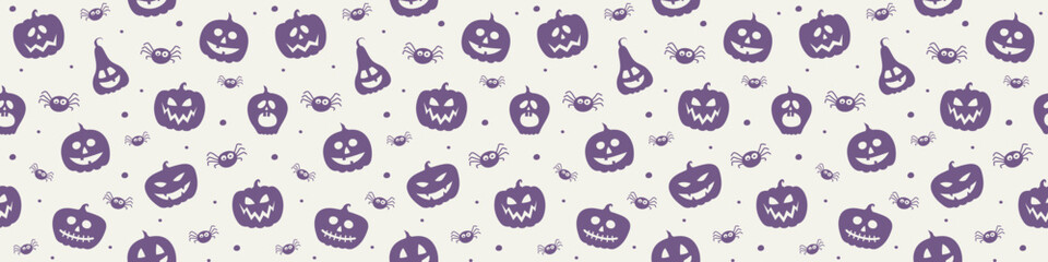 Halloween pattern with funny pumpkin lanterns and spiders. Banner. Vector