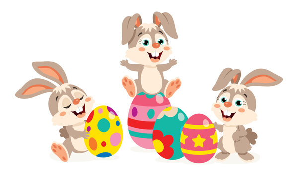 Cartoon Rabbits With Easter Eggs