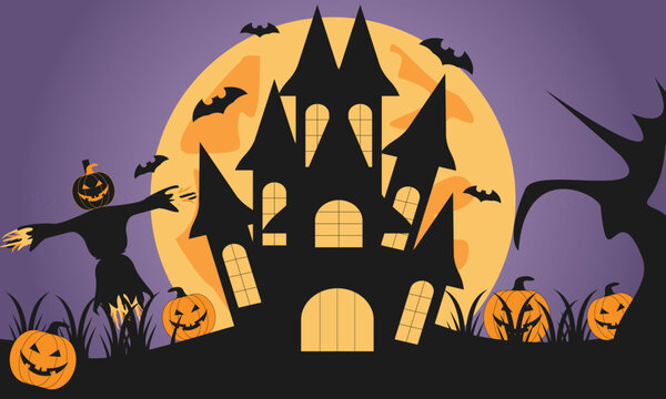 Night Halloween Castle With Big Moon, Pumkins, Scarecrow, and Bats Vector Illustration